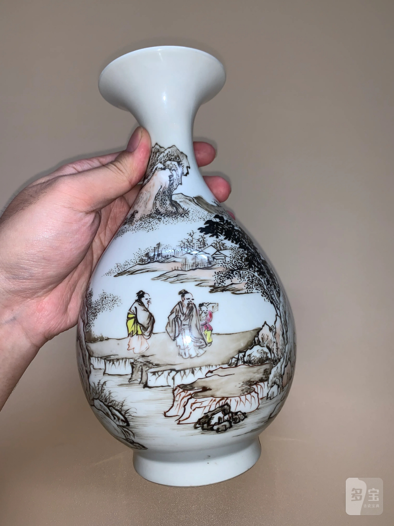 清康熙 珐琅墨彩溪山隐逸图诗文玉壶春瓶 - 图2